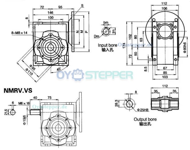 NMRV063 Rund-Schneckengetriebe, Übersetzung 5:1 bis 100:1 Eingang: 14mm / 19mm / 24mm