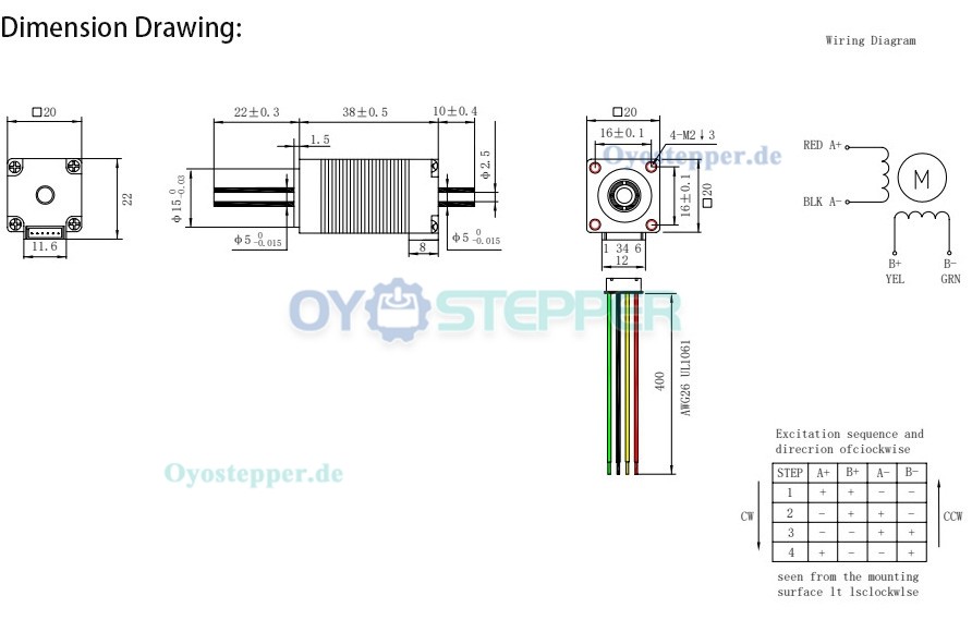 Oukeda NEMA 8 Schrittmotor mit Hohlwelle, Bipolar, 1,8°, 3,13 Ncm, 0,6A, 5,4V, 2-Phasen, Doppelwelle