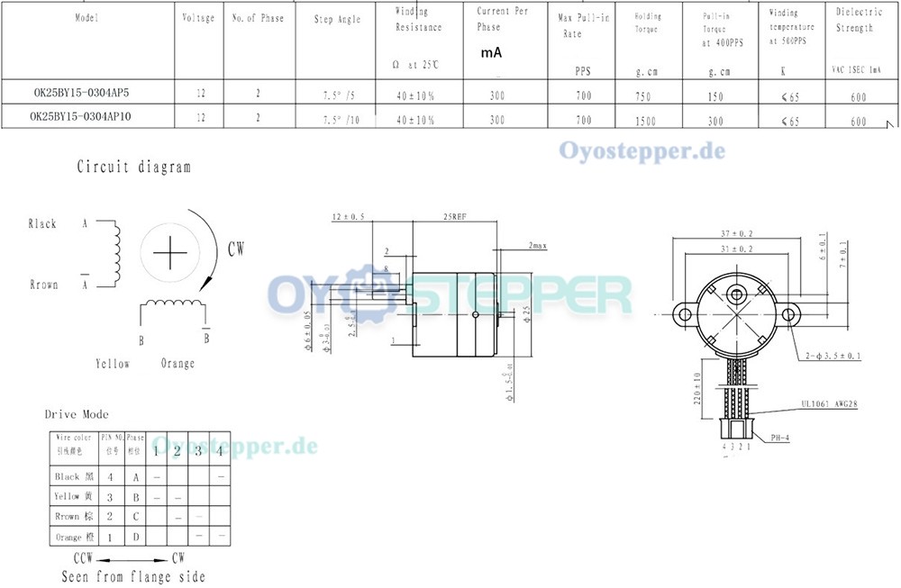OUKEDA PM-Schrittmotor mit Getriebe 5:1 / 10:1, 7,5°, 12V, 2-Phasen, Ø25 mm