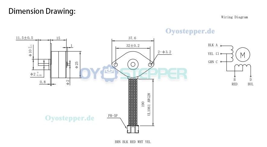 OUKEDA PM25 Permanentmagnet-Schrittmotor, 2-Phasen, 1,8°, 1A, 12 Ncm, 36,5 × 36,5 mm