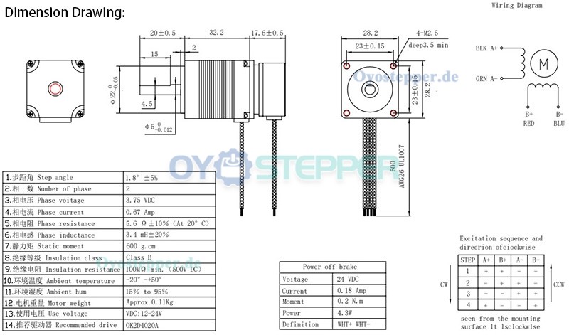 NEMA 11 Schrittmotor mit Bremse, 1,8°, 5,88 Ncm, 3,75V, 0,67A, 28 × 28 mm, 2-Phasen, D-Cut Welle