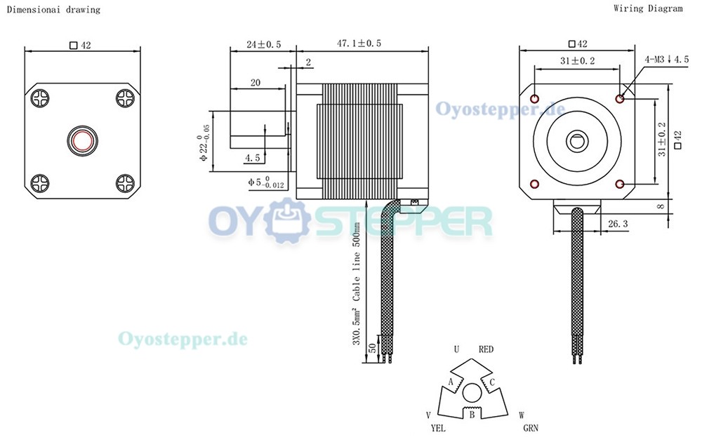 OUKEDA NEMA 17 Schrittmotor, 1,2°, 32 Ncm, 3-Phasen, 1,5A, 5,4V DC, D-Cut, 42 × 42 mm