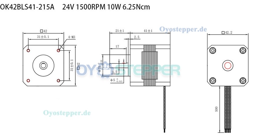 OUKEDA BLDC-Motor Bürstenloser Gleichstrommotor, 24V, 6,25–18,5 Ncm, 1500 / 4000 U/min, 3-Phasen, Ø42 mm mit Keilnut
