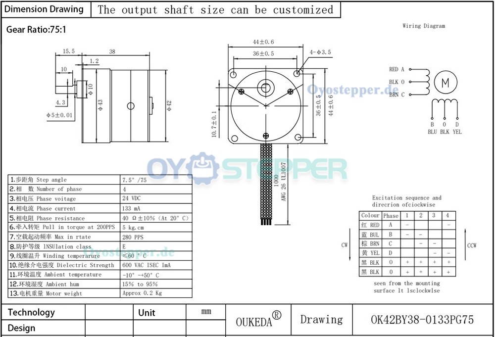 OUKEDA Permanentmagnet-Schrittmotor mit Getriebe 10:1 / 30:1 / 50:1 / 75:1 / 120:1, 7,5°, 24V, 4-Phasen