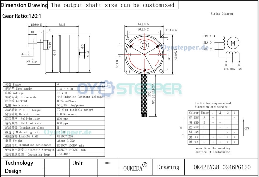 OUKEDA Permanentmagnet-Schrittmotor mit Getriebe 10:1 / 30:1 / 50:1 / 75:1 / 120:1, 7,5°, 24V, 4-Phasen