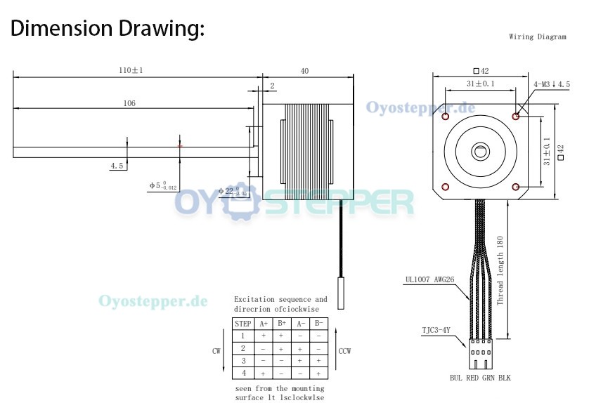 OUKEDA NEMA 17 Non-Captive Schrittmotor, 1,8°, 49 Ncm, 40mm Stack, Leitspindel 110mm