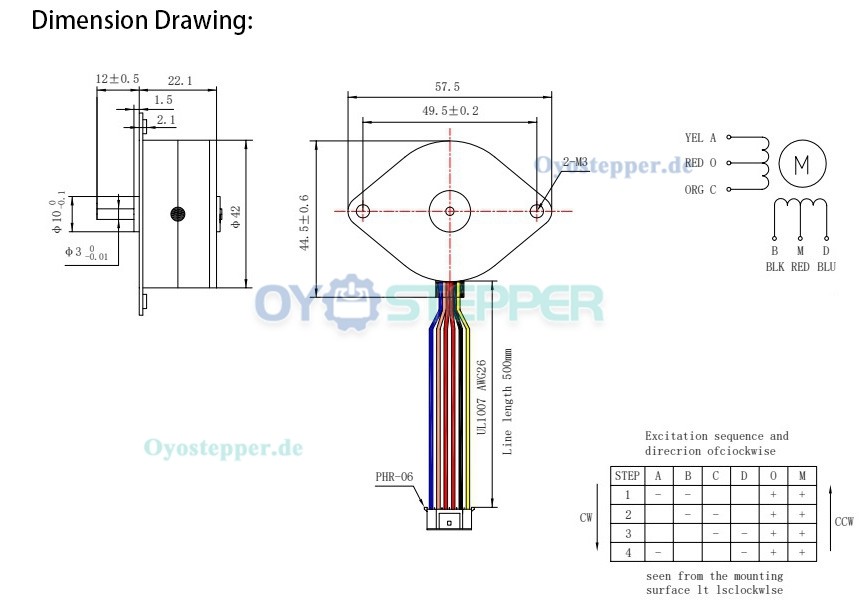 OUKEDA PM42 Permanentmagnet-Schrittmotor, 7,5°, 4,90 Ncm, Ø42 mm, 12V, 6-adrig