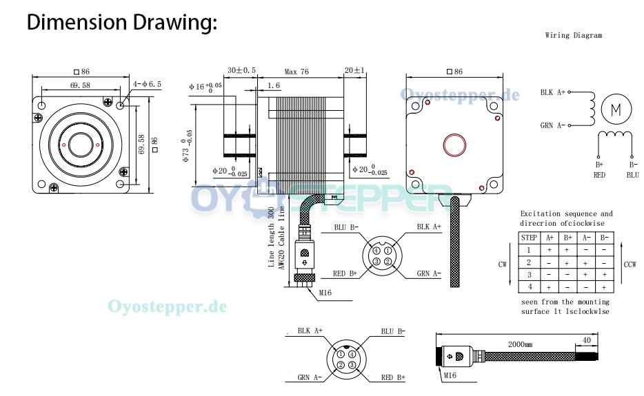 Oukeda NEMA 34 Schrittmotor mit Hohlwelle, Bipolar, 1,8°, 4,5 Nm, 6,0A, 2,1V, Doppelwelle, 4-adrig