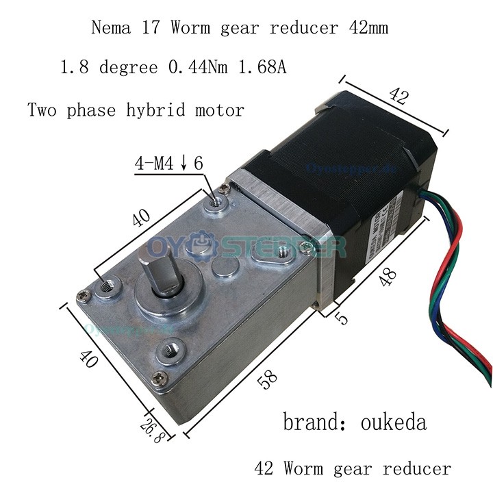 Oukeda Nema 17 Schneckengetriebe-Schrittmotor 17:1/30:1/50:1/75:1/100:1/290:1/500:1 1,8 Grad 44Ncm 1,68A 2-phasig
