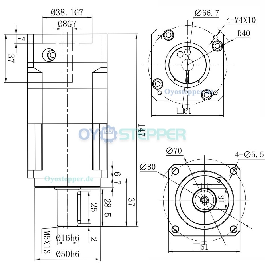 Planetengetriebe mit Schrägverzahnung für NEMA 23/24 Schrittmotor, 16mm Welle