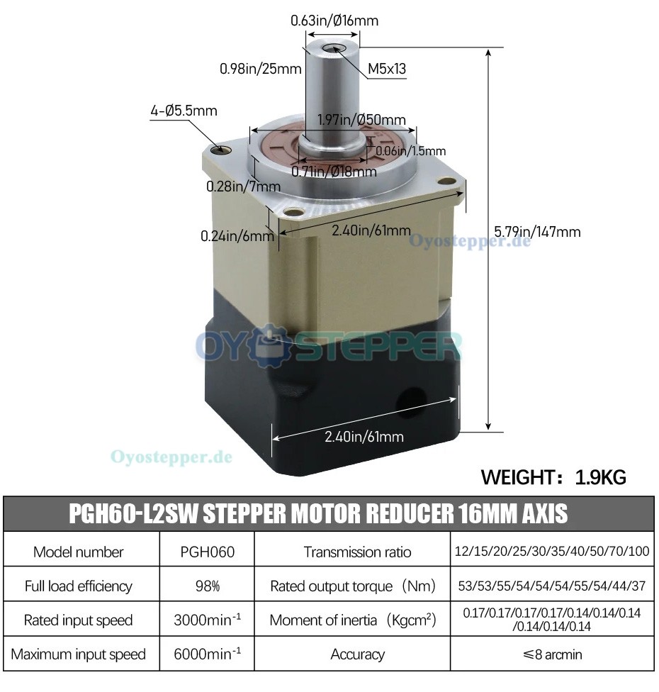 Planetengetriebe mit Schrägverzahnung für NEMA 23/24 Schrittmotor, 16mm Welle
