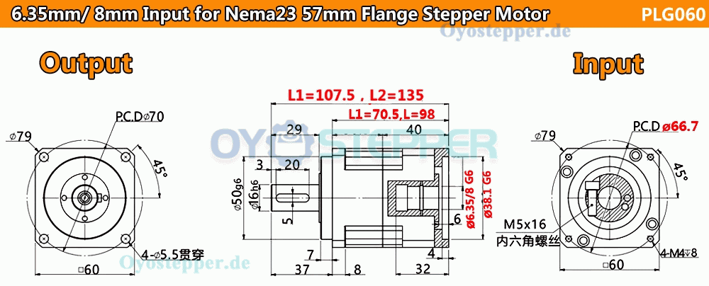 PLG060-Serie Planetengetriebe mit Schrägverzahnung für NEMA 23 Schrittmotor / 60mm Servomotor 6,35/8/11/14 mm Eingangswelle