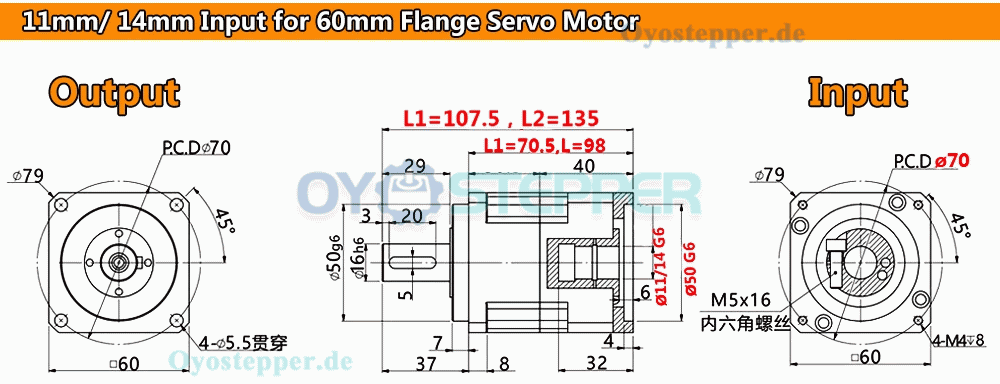 PLG060-Serie Planetengetriebe mit Schrägverzahnung für NEMA 23 Schrittmotor / 60mm Servomotor 6,35/8/11/14 mm Eingangswelle