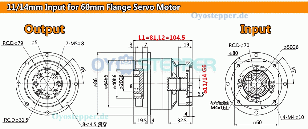 Schrägverzahntes Planetengetriebe für NEMA 23 Schrittmotor / 60mm Servomotor