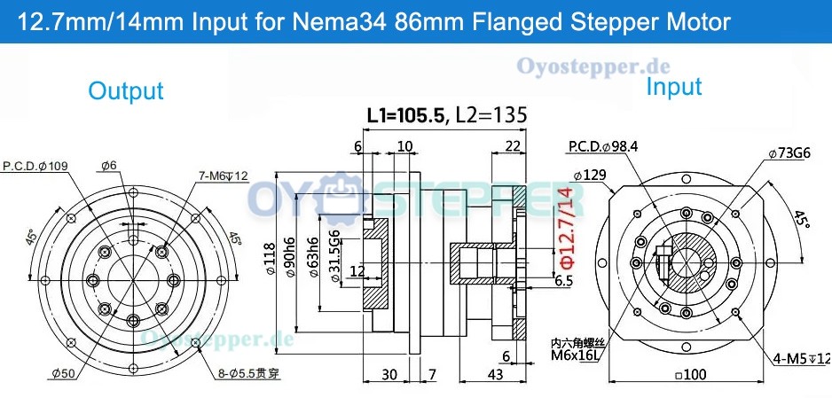 Schrägverzahntes Planetengetriebe für NEMA 34 (86mm) Schrittmotor / 90mm Servomotor