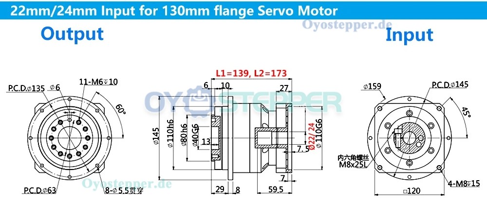 Planetengetriebe mit Schrägverzahnung für NEMA 42 Schrittmotor & 110mm/130mm Servomotor