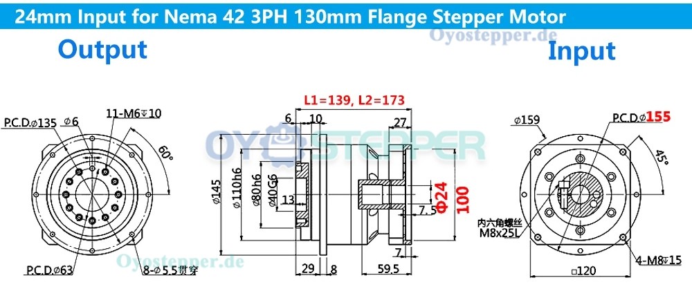 Planetengetriebe mit Schrägverzahnung für NEMA 42 Schrittmotor & 110mm/130mm Servomotor