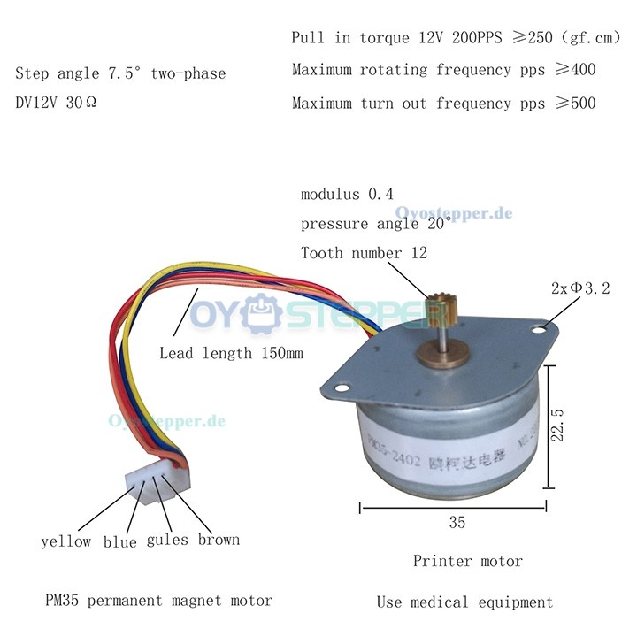 OUKEDA PM-Schrittmotor für Drucker, 7,5°, 2,45 Ncm, 12V, 2-Phasen, Ø35 mm