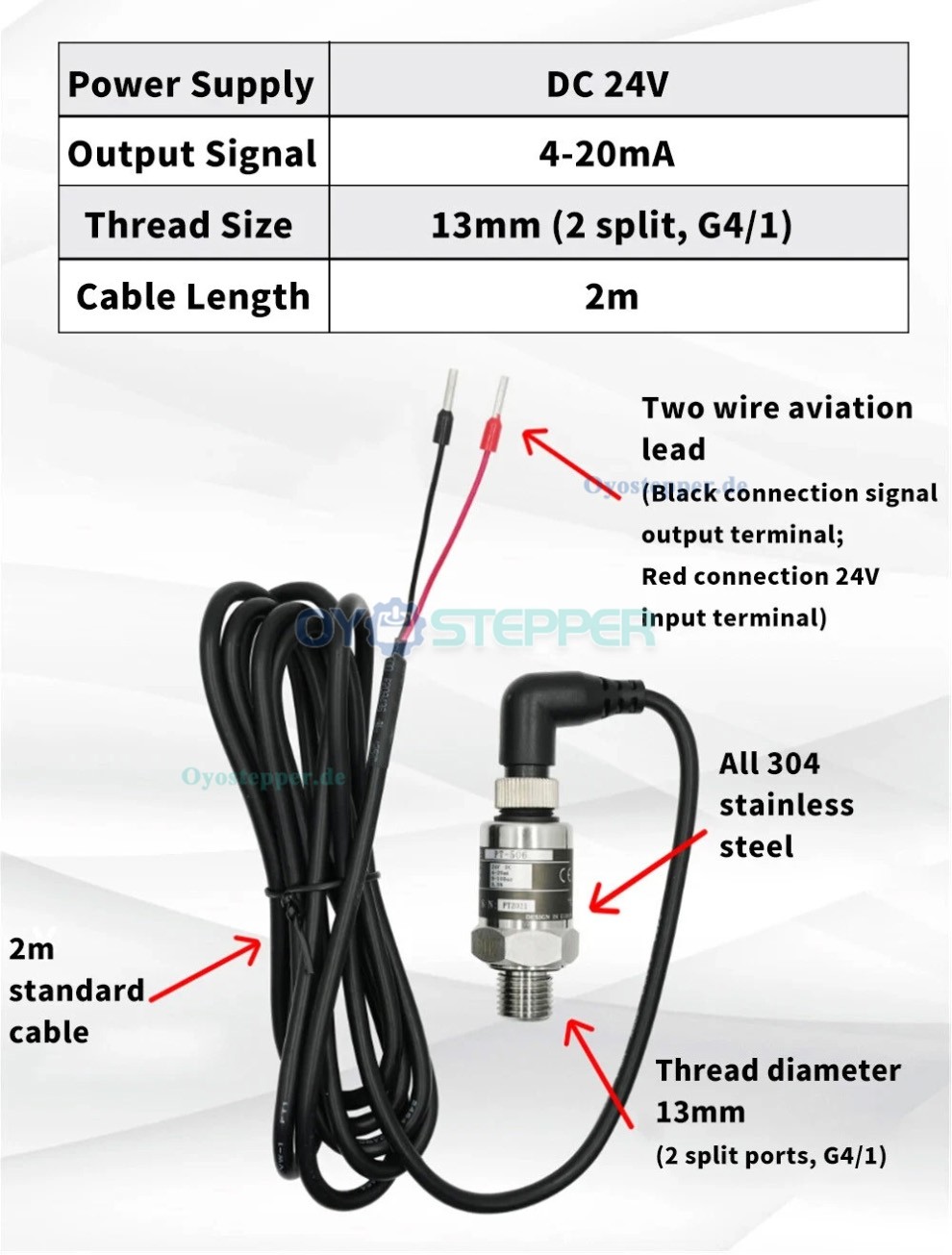 PT506 G1/4 IP68 24V Druckmessumformerkabel,Drucktransmitterstecker f&uuml;r Wasser,Gas und Hydraulik