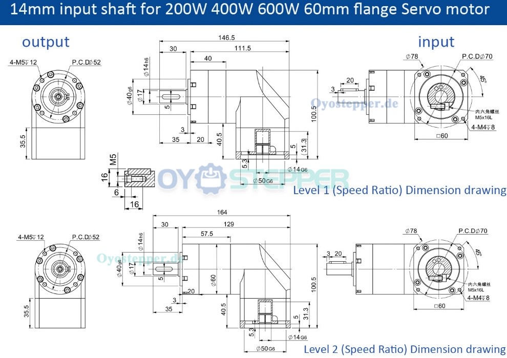 PVE060 Winkel-Planetengetriebe 90&deg; f&uuml;r Nema 23 Schrittmotor / 60mm Servomotor