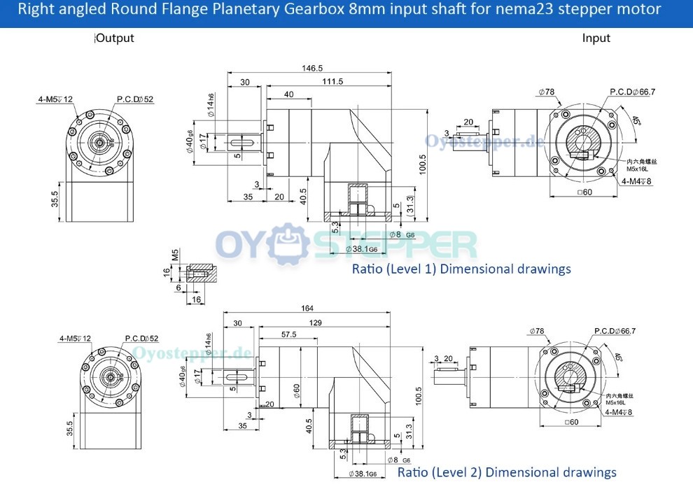 PVE060 Winkel-Planetengetriebe 90&deg; f&uuml;r Nema 23 Schrittmotor / 60mm Servomotor