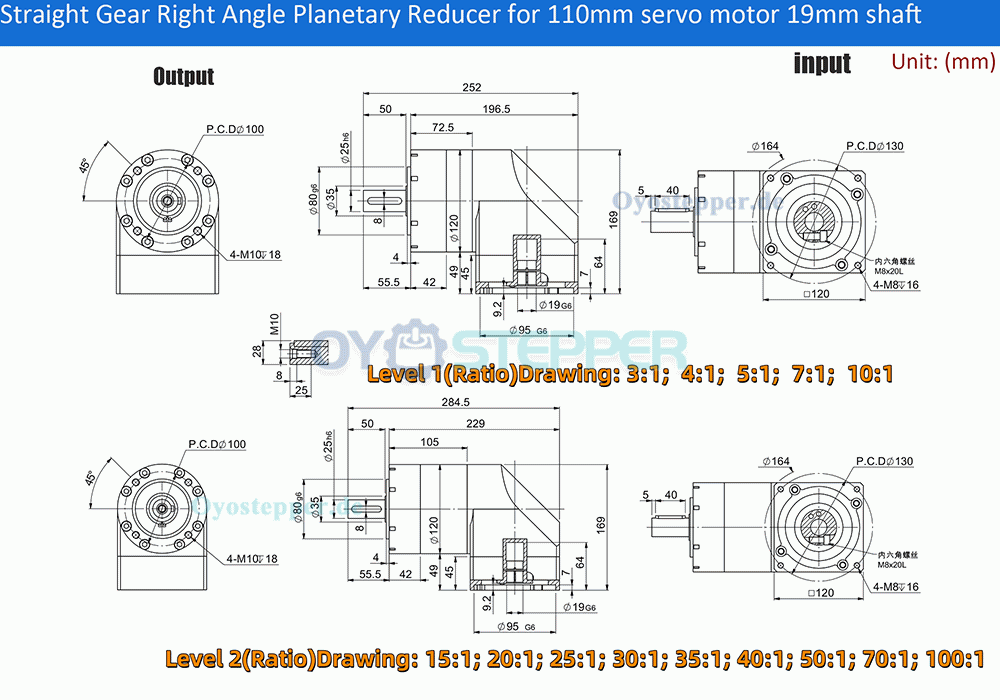 PVE120 Winkel-Planetengetriebe f&uuml;r 110mm / 130mm Servomotor (19/22/24mm Eingang)