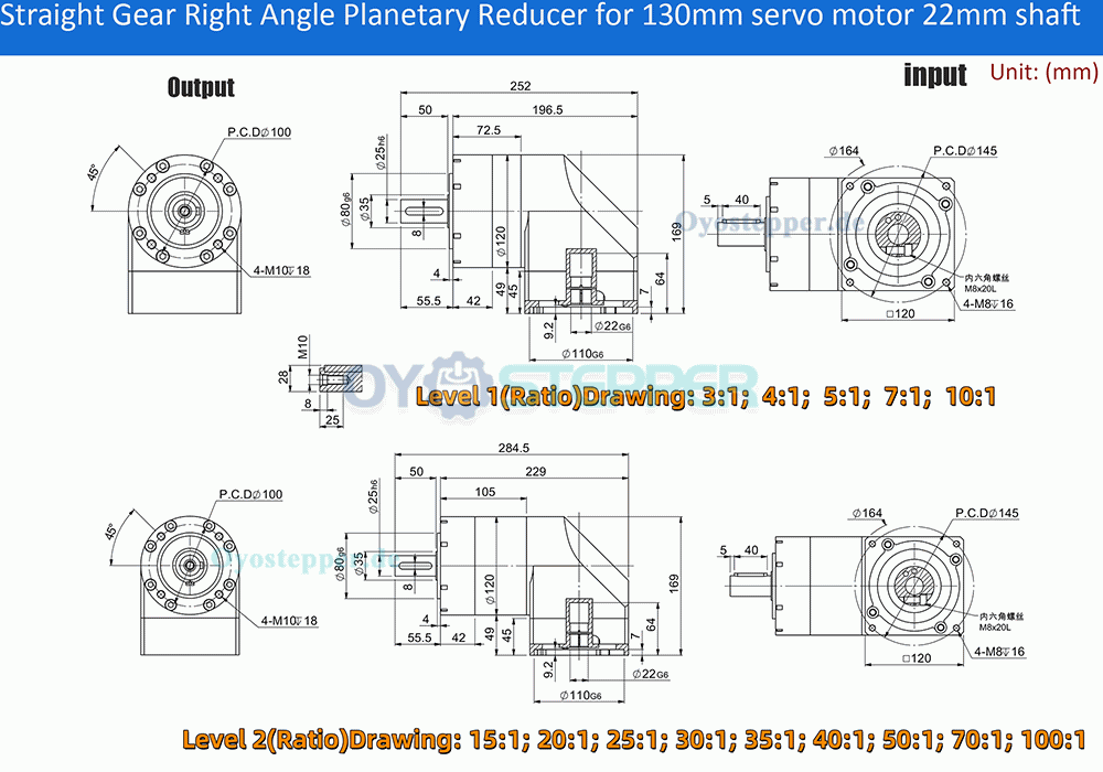 PVE120 Winkel-Planetengetriebe f&uuml;r 110mm / 130mm Servomotor (19/22/24mm Eingang)