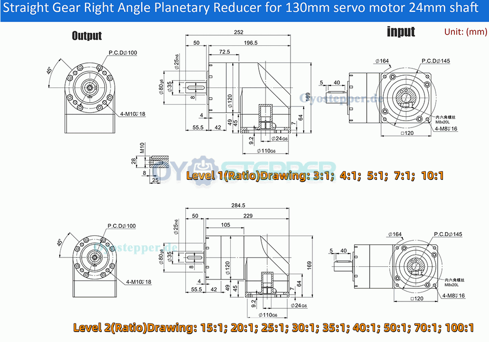 PVE120 Winkel-Planetengetriebe f&uuml;r 110mm / 130mm Servomotor (19/22/24mm Eingang)