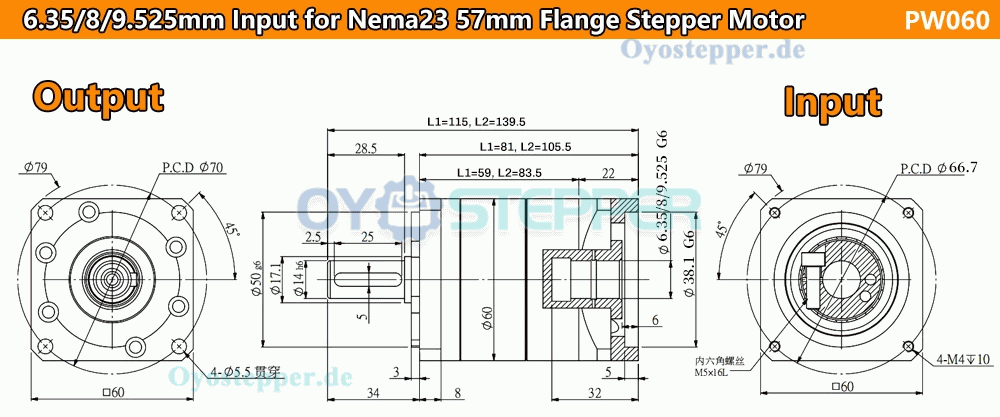 Schrägverzahntes Planetengetriebe für NEMA 23 Schrittmotor / 60mm Servomotor