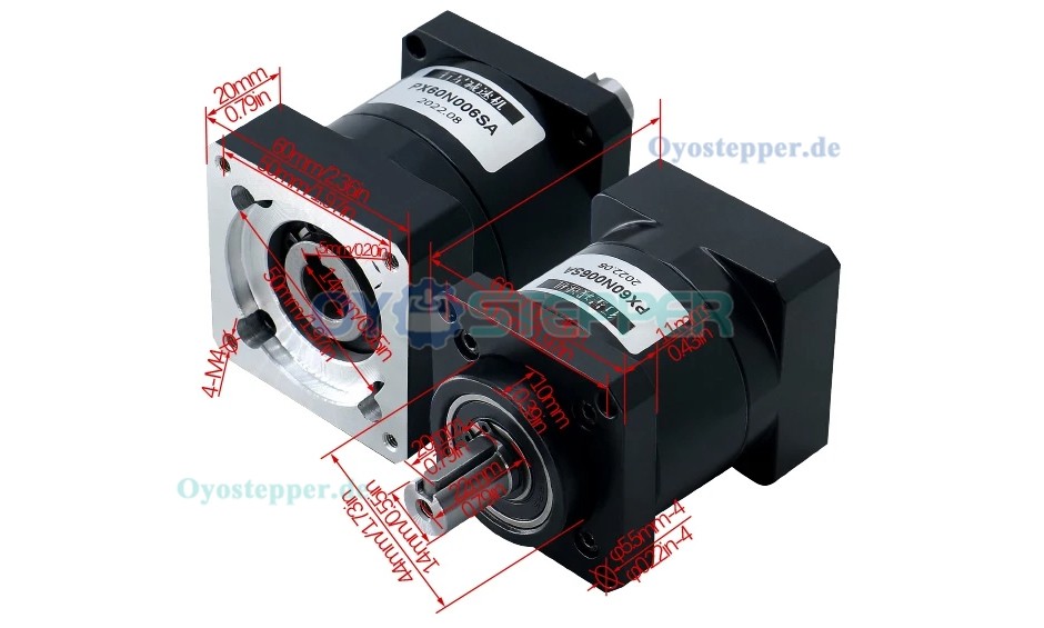 Planetengetriebe PX60, Untersetzung 4 / 6 / 10 / 16 / 24 / 36 / 64 / 96 / 144 / 216, max. 40 Nm passend für NEMA 24 (60mm) Schrittmotor
