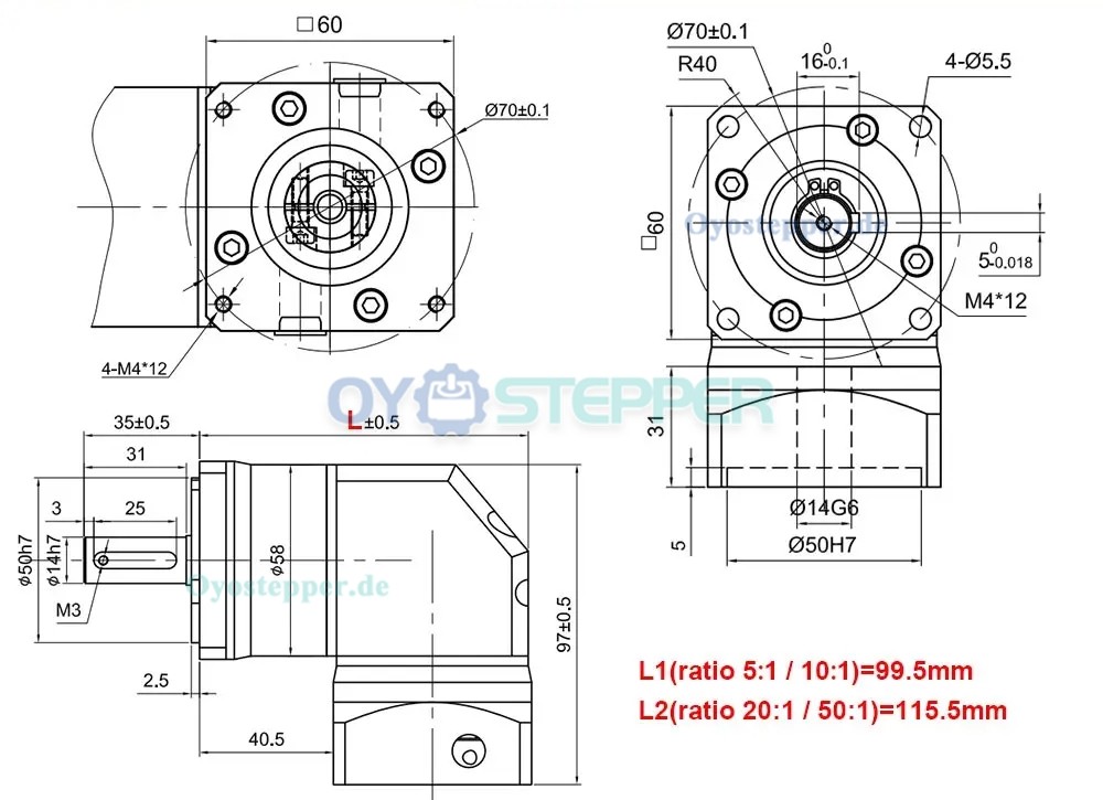 Winkel-Planetengetriebe 90°RTG60 Übersetzung 5:1 / 10:1 / 20:1 / 50:1 für 60mm Servomotoren