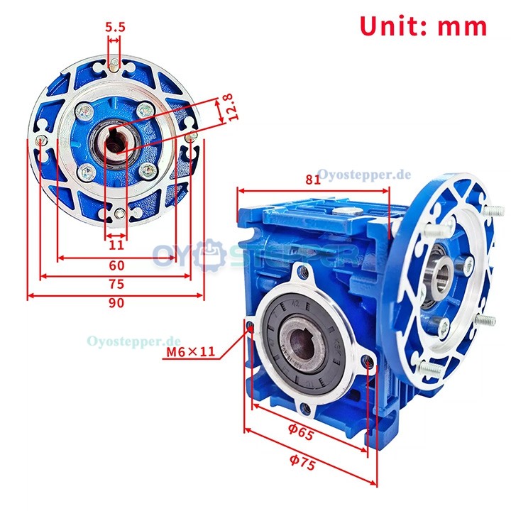 RV030 Rund-Schneckengetriebe, Übersetzung 5:1 bis 80:1 Eingang: 11mm, Flansch B14 / B5