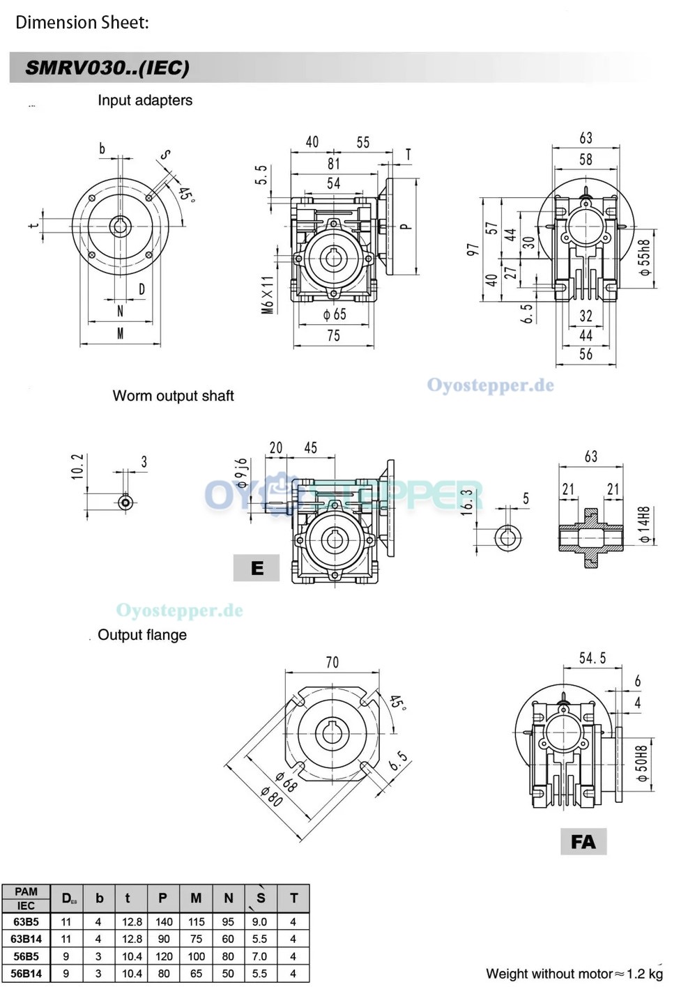 RV030 Rund-Schneckengetriebe, Übersetzung 5:1 bis 80:1 Eingang: 11mm, Flansch B14 / B5
