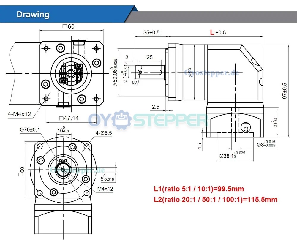 Winkel-Getriebereduzierer 90°Übersetzung 5:1 / 10:1 / 20:1 / 50:1  für NEMA 23 Schrittmotor