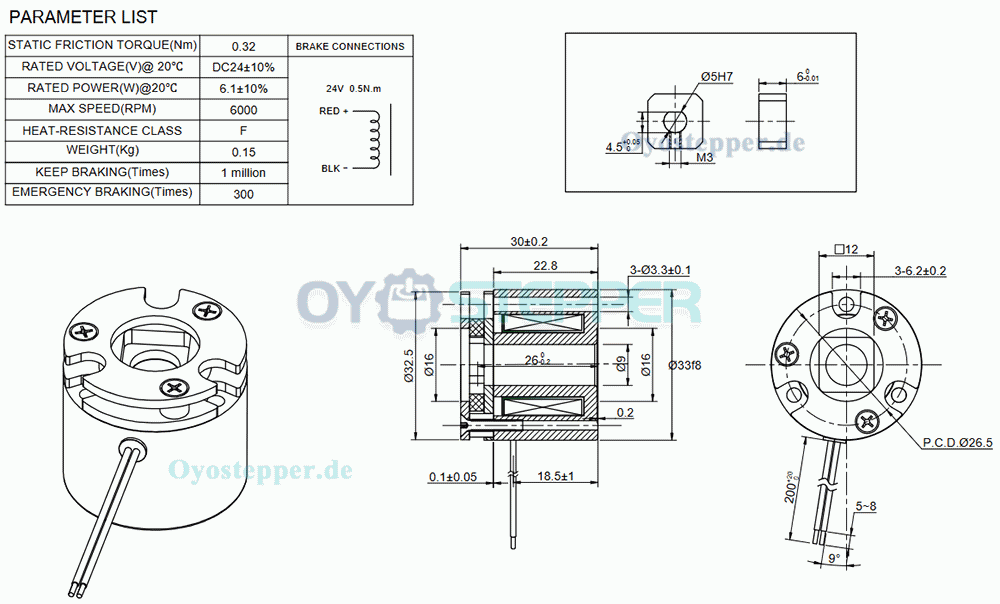 Nicht erregte DC-Elektromagnetbremse 24VDC, 0,32 Nm (45 oz.in), für NEMA 14 Schrittmotor