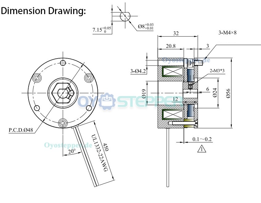 Oukeda Runde DC-Bremse (nicht erregt), 2 Nm, 24V, für 57 mm / 60 mm BLDC-Motor oder NEMA 23 Schrittmotor