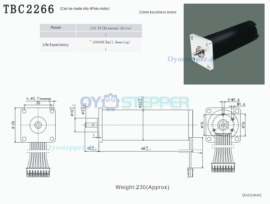 2 Stück bürstenloser PMDC-Motor, 12V / 24V, kernlos, 800 g·cm, 22 × 66 mm