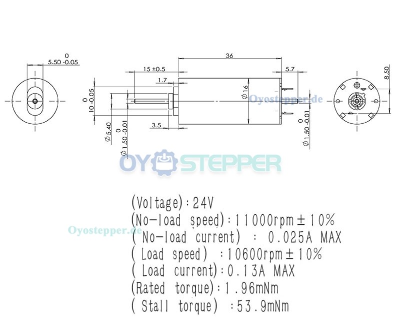 2 Stück Coreless DC-Motor, 24V, gebürstet, Hochgeschwindigkeit, geräuscharm, 1,96 mN·m, Ø16 × 36 mm