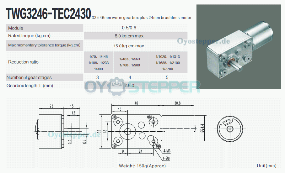 2 Stück Bürstenloser Schneckengetriebemotor, 12V / 24V, 8 kg·cm, 4500 U/min, 32 × 76,8 mm