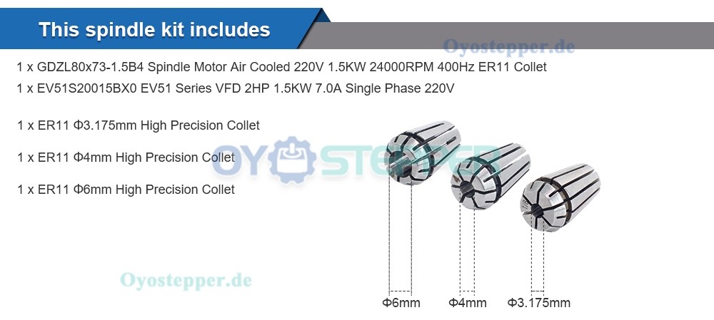 1,5 KW CNC-Spindelmotor, luftgekühlt, 24.000 U/min, 400 Hz, ER11 + 2 PS VFD-Frequenzumrichter-Kit