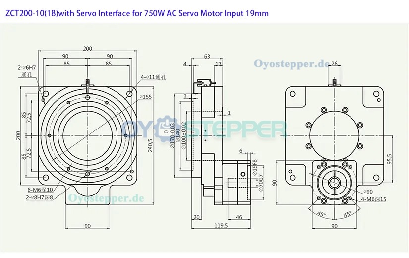 Hohlwellen Drehtisch Getriebe,Übersetzung 10:1/18:1 für 80mm 750W AC-Servomotor