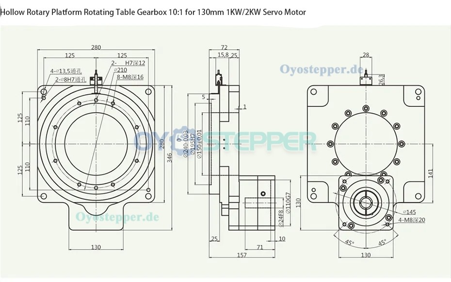 Hohlwellen Drehtisch Getriebe,Übersetzung 10:1 für 130mm 1kW/2kW AC-Servomotor
