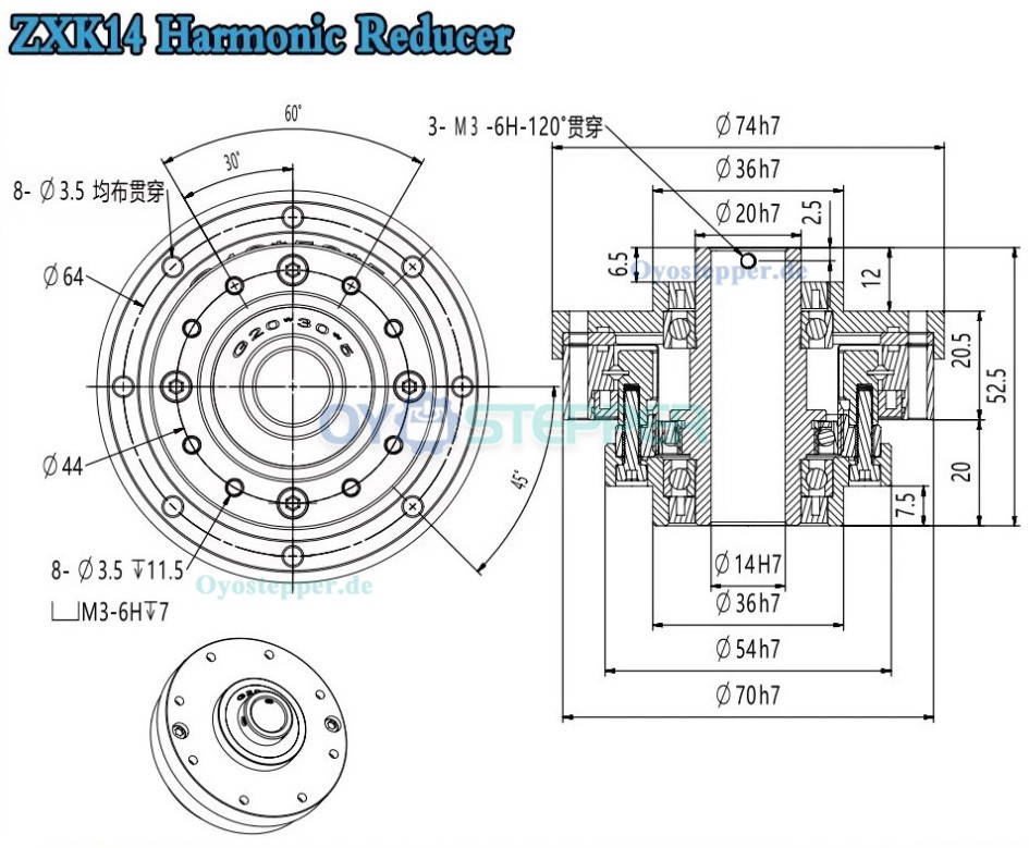 ZXK-Serie Harmonic-Drive-Getriebe,Hohlwellen-&Uuml;bersetzungsverh&auml;ltnis 30:1 bis 160:1, 30 Bogensekunden