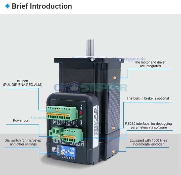 JMC NEMA 23 Integrierter AC-Servomotor mit Treiber, 180W, 36V, 0,6 Nm, 3-Phasen, 3000 U/min, 60 × 60 mm