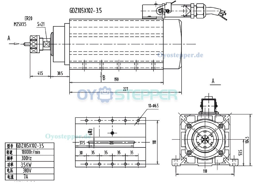 Luftgek&uuml;hltes CNC HF-Spindel-Set 3,5kW ER20 18000U/min mit 3,7kW Frequenzumrichter und 13-teiligem ER20 Spannzangensatz