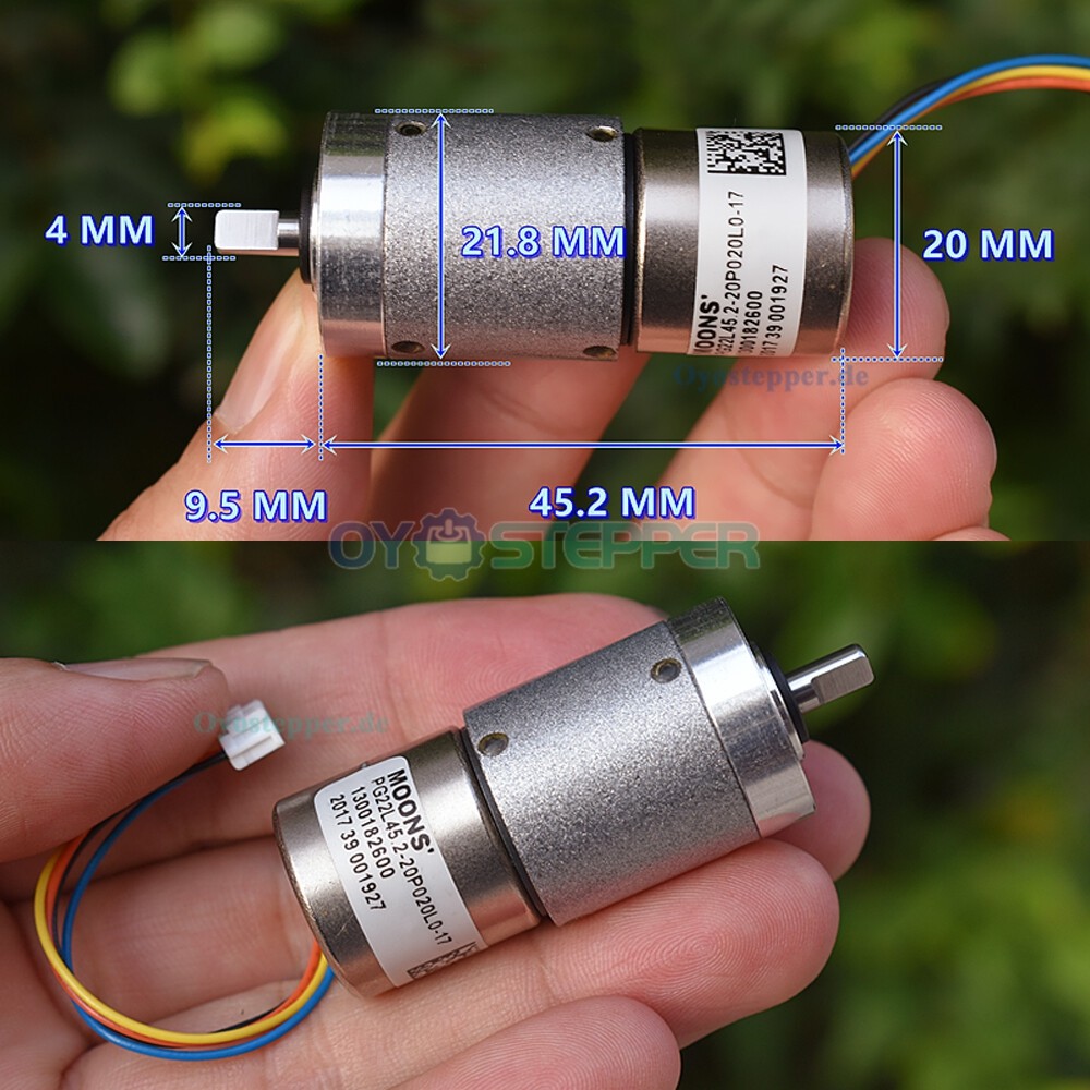MOONS PG22L45 Mini Schrittmotor &Oslash;22mm mit Planetengetriebe &Uuml;bersetzung 45,2:1 2 Phasen und 4 Anschlussleitungen