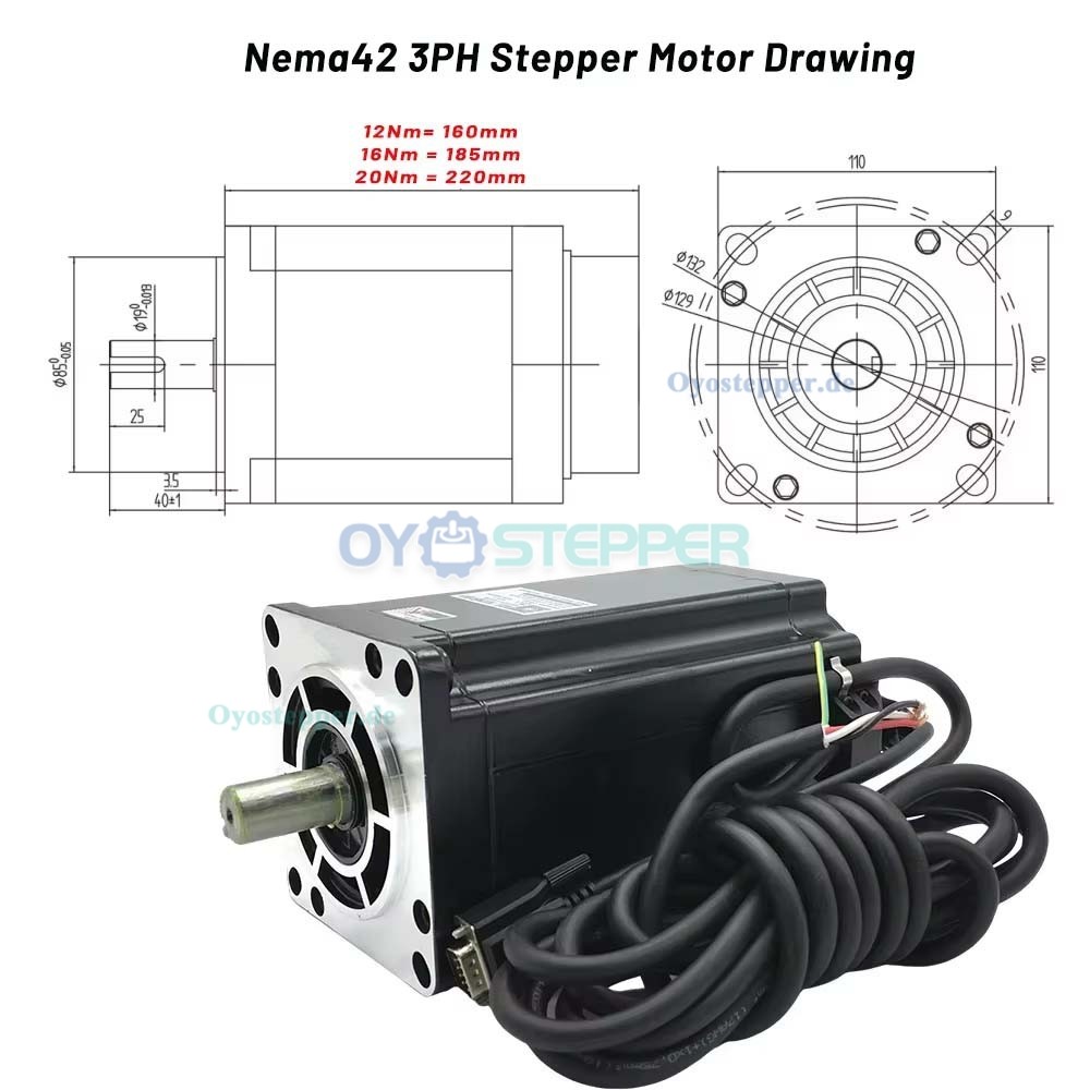 Nema 42 3-Phasen Schrittmotor und Treiber Kit 12/16/20 Nm 1,2&deg;110 x 110 mm Keilwellenprofil