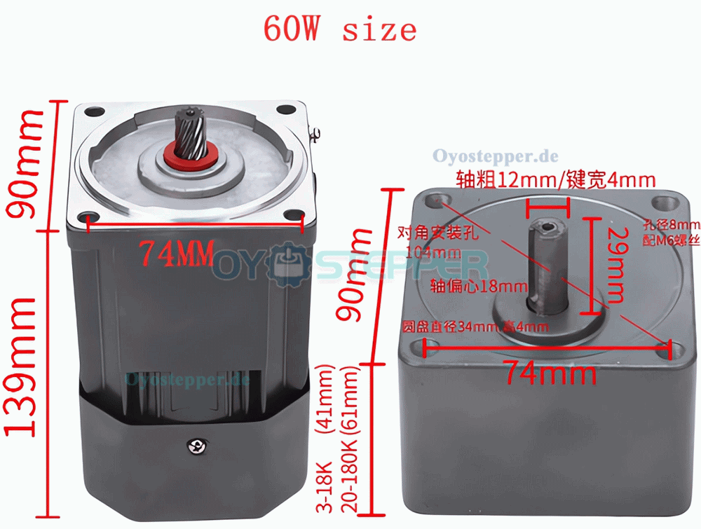 WUP AC Induktionsgetriebemotor 60W &Uuml;bersetzung 10:1 3,8Nm 135U/min reversierbar mit Drehzahlregler